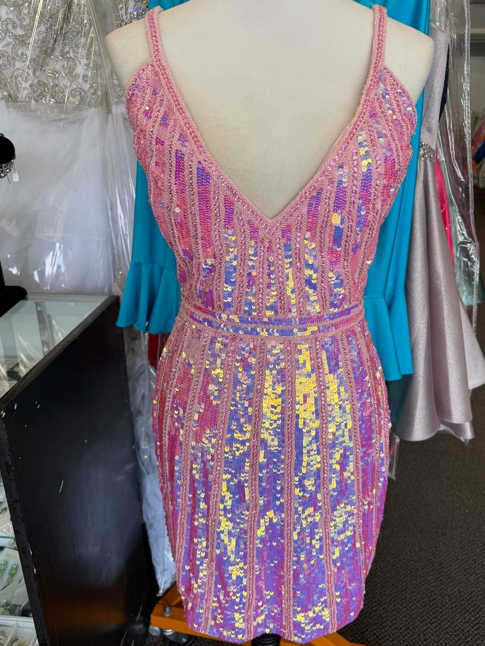 Primavera Couture Pink Iridescent Sequin Mini Dress
